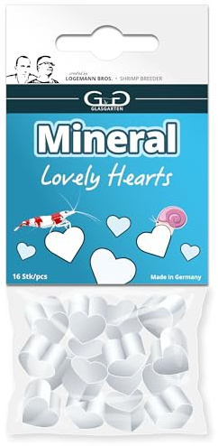 GlasGarten Mineral Hearts | 16 pezzi – Mangime complementare/minerale per gamberetti decorativi, lumache e gamberi, migliore qualità dell'acqua, azione diretta sulla durezza complessiva e conduttività