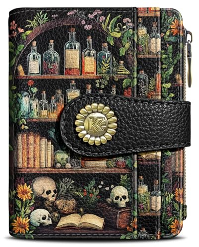 Kelvoris Bookshelves Skull Goth Gothic Small Rfid Women Wallet Bifold Zipper Coin Pocket PU Leather Compact Cash Credit Card Holder Travel Wallet Female Ladies Teen Girls 1 ID Window 10 Card Slots
