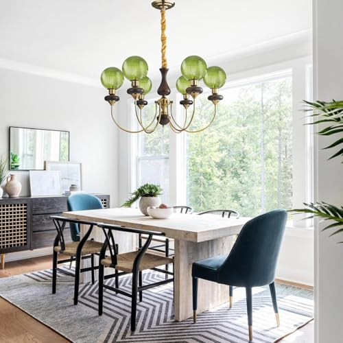 VTAMng Kronleuchter Globus Kücheninsel Pendelleuchten Grüner Glas Kronleuchter Deckenleuchten Gold Vintage Kunst Dekoration Mid Century Holz Hängebeleuchtung für Schlafzimmer Wohnzimmer(6 Lights)
