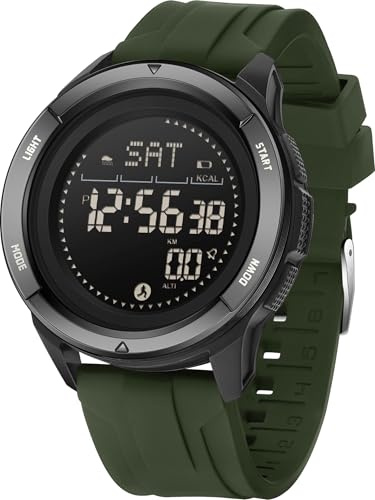 findtime Montre numérique pour homme avec podomètre, compte-pas, boussole, étanche, montre de sport, compteur de calories, montre de course à pied, avec lumière LED, chronomètre, compte à rebours