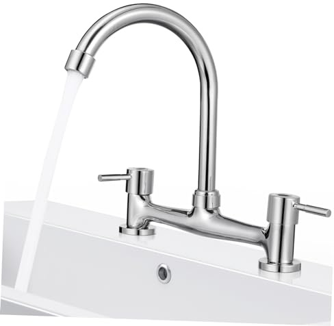 TOBBOMEY Robinet Mitigeur Évier Cuisine Double Orifice 20 Cm en Acier Inoxydable, Robinet Cascade Eau Chaude et Froide Rotation 360°, Adapté la Cuisine et Salle de Bain, Installation 2