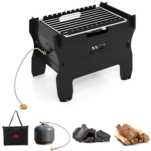 COSTWAY 2 en 1 Barbacoa Butano y Carbon Portátil, Parrilla de Acero Inoxidable y Bolsa de Transporte, Mini barbacoa portatil, Picnic Fiesta Camping, 38 x 22 x 27 cm