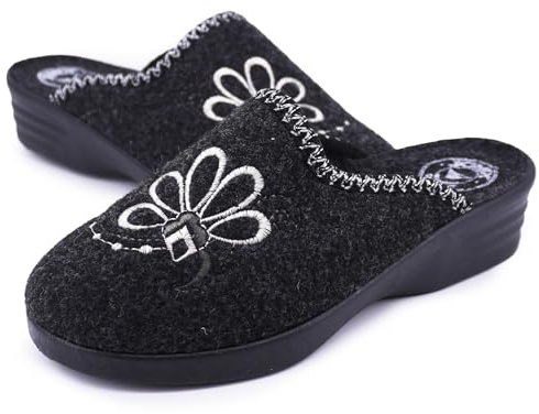JOMIX Zapatillas Mujer Invierno Made in Italy Cómodas Suaves con Cuña Baja Bordado Floral Elegantes para Casa ITD2433 Negro 39