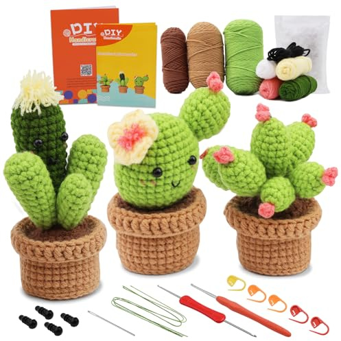 Boriad Häkel Kit für Anfänger, Amigurumi Set, Häkelset mit Anleitung | 3er Cactus Häkelset für Anfänger mit Wolle & Zubehör. Deutsche Videoanleitung für kreative DIY-Projekte