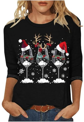 Womens Christmas Tops UK Casual 3/4 Sleeve Crew Neck Tunic Shirts Funny Xmas Tree Red Wine Glass Cow Print Blouse Dressy Trendy Lightweight Holiday Clothes Comfy T-Shirt