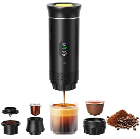 Portable Espresso Machine Self-Heating, Electric Travel Coffee Maker | 3-in-1 Espresso Maker with LED Display, 20 Bar Rechargeable Mini Coffee Maker for Capsule, Ground, Camping RV Home Office