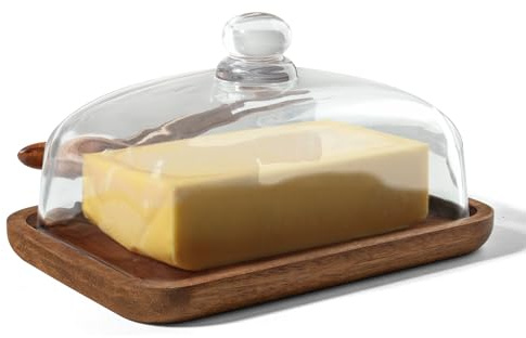 Guolich Mantequillera con Tapa y Cuchillo - Butter Dish - Quesera Cristal con Base de Acacia, Campana para 250 g de Mantequilla, Mantequera Francesa Cuadrada para butter, Queso, Tarta, Desayuno