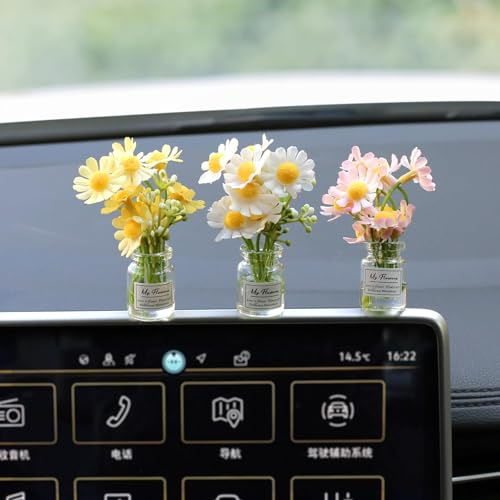 3 Stück Gänseblümchen Auto Deko Innenraum, Mini-Kunstblumen, Künstlich Topfpflanzen Süße Auto Accessoires, für Auto Rückspiegel Armaturenbrett Deko Computer Tisch Büro Dekoration Geschenkidee