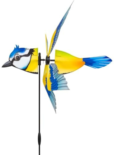 HQ Windspiel Breezy Wings Blue Tit Blaumeise Windrad Gartendeko + Standstab | Farbenfroh dreht schon bei leichtem Wind wetterfest UV-beständig langlebig für Garten Terrasse und Balkon H95x51cm