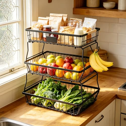 VANZBON 3 Tier Fruit Basket with 2 Banana Hangers for Kitchen Counter | 3-Tier Detachable Design,Metal Wire Construction, Wooden Handle, Large Capacity, Multi-Purpose Organizer,Mesh Basket