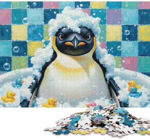 1000-teiliges Puzzle „Pinguin in der Badewanne mit Quietscheentchen“ – Papierpuzzle für Erwachsene – Heimdeko – Weihnachts- oder Geburtstagsgeschenk – 38 x 26 cm / 1000 Teile
