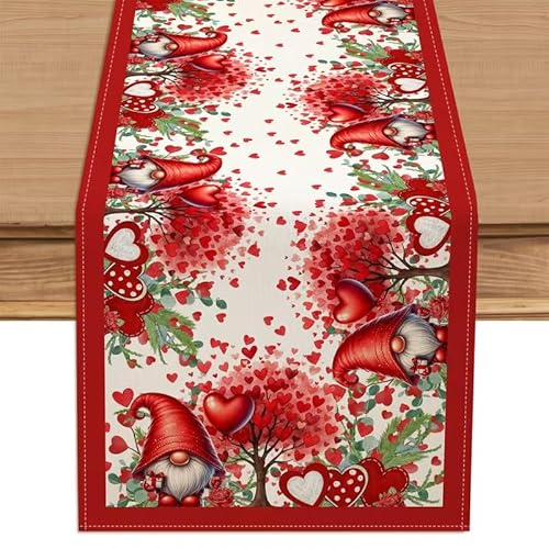 Valentine Dwarf Heart Branch Leaf Table Runner , Red Rose Wedding Anniversary Seasonal Table Decoration for Home Party Holiday Dinning Kitchen Decor 13x60 Inch