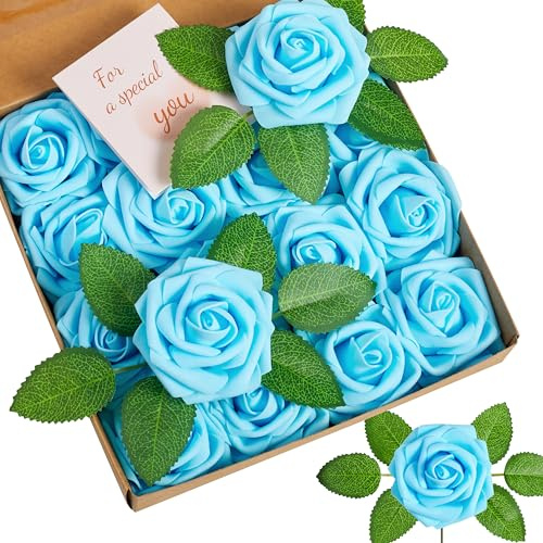 XIANNVXI 16 Stück Blau Künstliche Rosen Blaue Blumen Deko Fake Rose Blumenstrauß Rosen Plastikrosen Romantisch Valentinstag Hochzeitsdeko Tisch Verlobung Brautstrauß Rose 6 Blätter 17 cm Stängel