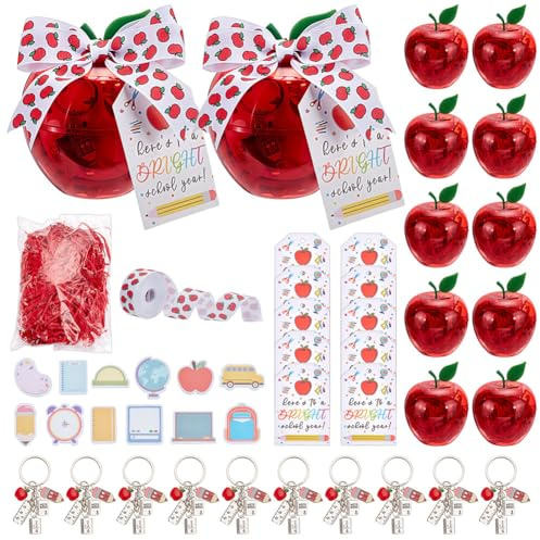 OLYCRAFT 12 paquetes de recipientes con forma de manzana de plástico regalo de aprecio para profesores con forma de manzana roja con tarjetas de agradecimiento llavero cinta para fiestas escolares
