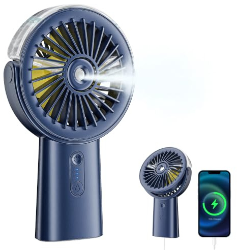 Ventilador de Mano Portátil con Nebulizador,Recargable Ventiladores Bateria | 6000mAh USB Ventilador Pequeño con Agua Silencioso con 3 Velocidades, Mini Fan para Viajes, Oficina, Mesa, Al Aire, Azul