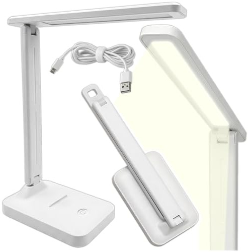 KRUMAD Schreibtisch Tischlampe LED, Nachttischlampe, Arbeitslampe, für Büro | USB C, Verstellbarer Winkel, mit Touch Steuerung, 27x23,5x13 cm, Energieeffizient, Einstellung der Lichthelligkeit, Weiß