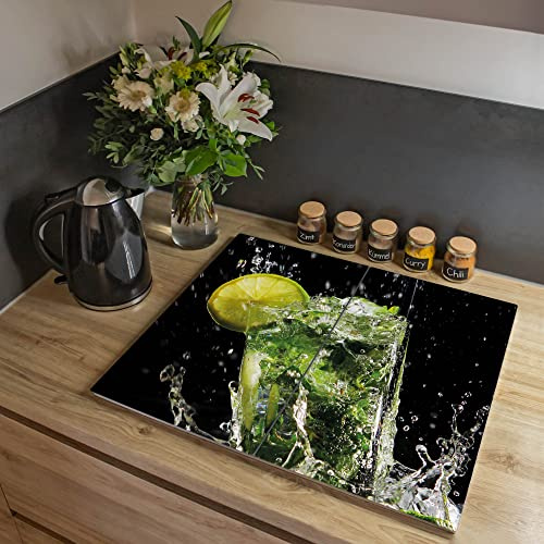 banjado Herdabdeckung Ceranfeld 2-teilig 60x52 cm, Schneidebrett Glas und Spritzschutz Küche aus gehärtetem Glas, praktische Kochfeld Abdeckung Essen & Küche im Alltag Motiv Brasilianischer Cocktail
