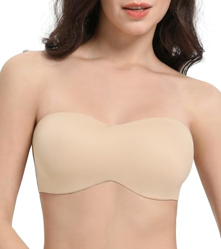 Lemorosy Women's Multiway Strapless Bra Plus Size Unpadded Unlined Minimizer Seamless Bandeau(Beige,42D)