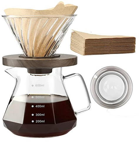 Lalord Caffettiera Pour Over, Caraffa in Vetro Borosilicato da 600 ml con 02 Carta Filtro, 100 pcs, Manico in Noce e Coperchio per Caffettiera