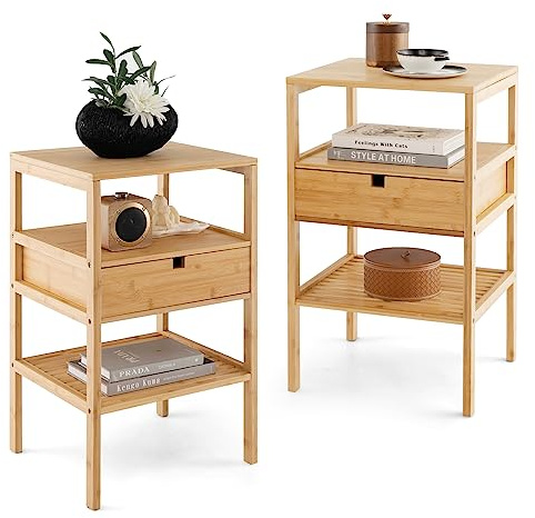 COSTWAY Bedside Tables, Bamboo Nightstand End Sofa Side Table with Drawer and Storage Shelf, 3-Tier Accent Coffee Tea Table for Living Room Bedroom Office, Natural (2)