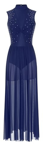 ranrann Dam latinsk dansklänning salsa strass ärmlös dansklänning kostym samtida danskläder S-XXL, Marinblå, S