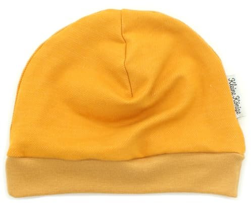 Kleine Könige Mütze Baby Jungen Beanie · Modell Uni jeansjersey senfgelb, Camel · Ökotex 100 Zertifiziert · Größe 50/56
