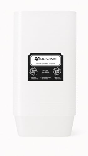 MERCHARII 25 × 500ml, Plastic food containers with lids, Heavy duty, Microwave, and freezer-safe, Heavy-duty, Rectangular, BPA-free, Reusable and Recyclable (500ml) (500ml)