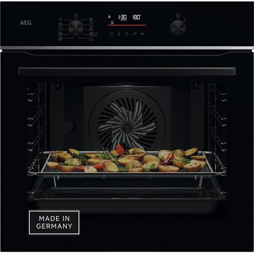 AEG Wifi Einbaubackofen, Serie 6 LED-Touchdisplay, Made in Germany, Pyrolyse Selbstreinigung, Kerntemperatursensor: Für Punktgenaues Garen, AirFry, 45 Automatikprogramme, Schwarz, TS6PB50WAB