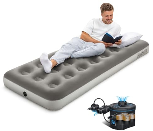 Bestway Premium Camping Single Airbed with Cordless Battery Pump, Single Flocked Inflatable Bed Portable, Air Mattress, Outdoor Camping Air Bed