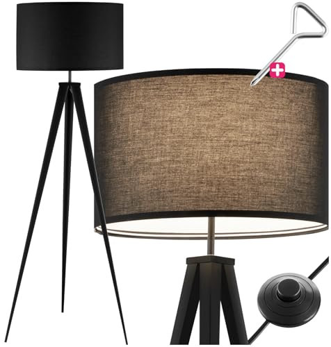 TecTake® Lampada da Terra con Paralume in Tessuto Effetto Lino, Lampada con Treppiede Robusto in Acciaio, Luce Salotto con Interruttore a Pedale, Piantana Design Moderno - Nero