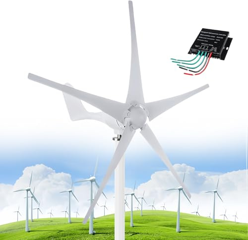 Aerogenerador de 5 Aspas, 12000W CC 12V/ 24V /48V, Generador de Imán Permanente de CA Trifásico, Kit de Turbina Eólica con Controlador para Barcos, Cenadores, Chalés y Casas Móviles,White-48V