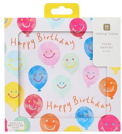 Talking Tables 20 x Happy Birthday Paper Napkins, Smiley Face Party Decorations, Kids Party Serviettes for 1st Birthday, Disposable Tableware, Recyclable, Plastic-Free Packaging, Made in EU, 3ply 33cm