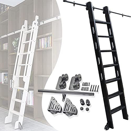 Rollleiter-Hardware-Bibliothek, Schiebeleiter-Kit, Schmiedeeiserne Rundrohr-Mobilleiterschiene Für Zuhause/Innenbereich/Dachboden, Mit Bodenrollenrad + Verlängerung,Multi-colored-3.3ft/100cm Track Kit