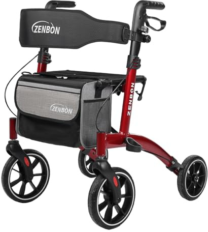 Deambulatore per Anziani Leggero Pieghevole: Rollator Leggero con Sedile Rollator per Anziani Pieghevole in Alluminio - Rollator da Viaggio con Attrezzatura Completa (Rosso)
