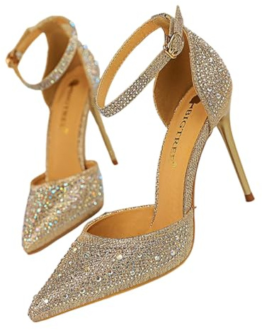 ticticlily Donna Scarpe con Tacco Alto10 cm Estive Eleganti Décolleté Tacchi con Strass Scintillanti Cintura alla Caviglia A Champagne 37 EU