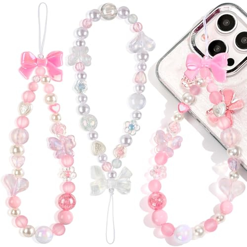 Wincredulous 2PC Shiny Wrist Lanyard Charm Strap Universal Cellphone Lanyard Wrist Smartphone Chain String Charm for Earphone Case(White Pink Bow,2PC)