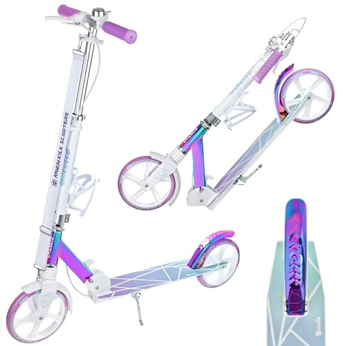 RAVEN – stuntscooter, sparkcykel – sparkcykel för barn och vuxna – hopfällbar, höjdjusterbar, bärrem, ringklocka, flaskhållare – Estelle PRO White med Handbroms, 200 mm
