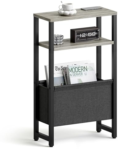 IRCPEN Narrow Side Table with Charging Station Slim End Table Sofa with Magazine Rack, Bedside Table for Small Spaces, 3 Tier Nightstand for Living Room Couch, Bedroom Oak Grey LET503QE