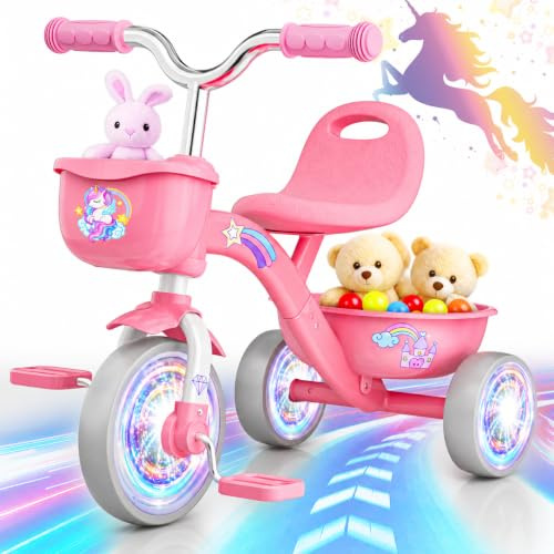 HappyGoLucky Unicorn Tricycles Toys for 2-5 Year Old Girls Gifts, Balance Bike 2-5 Year Old with Colorful Lighting Wheels & Removable Pedals, Baby Kids Trikes Bike Christmas Unicorn Gifts for Girls