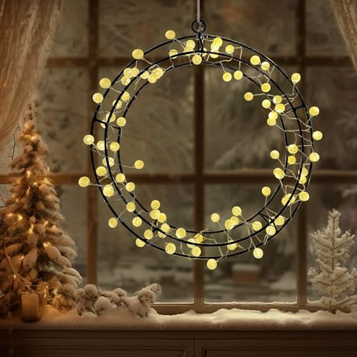 Bseical Decoración LED para puerta, decoración navideña, 30 cm, decoración navideña, alféizar para puerta de casa, exterior con 80 luces LED, anillo de metal colgante, guirnalda de luces, para