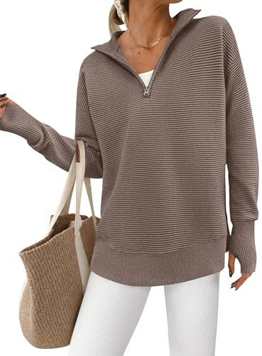 PRETTYGARDEN Womens Long Sleeve Quarter Zip Pullover Sweater Light Brown | Casual Loose V Neck Sweaters with Thumb Hole, Collared Ribbed Knit Jumper Tops, Oversized Tunic Tops, Fall Outfits 2026