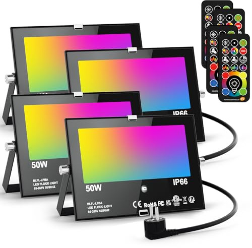RGB LED Strahler Außen 50W Fluter Mit Fernbedienung, 120 Farben 5 Modi Farbwechsel Flutlicht LED Innen, 5000LM Kaltweiß IP66 Wasserdicht Außenstrahler für Garten, Hinterhof, Garage, Flur - 4er/Set