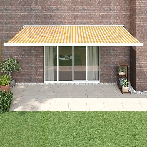 HaoChrymec Markise Einziehbar Gelb und Weiß mit Aluminiumrahmen, UV-beständigem Polyesterstoff, Sonnenschutz für Balkon, Freistehende Markise Balkon, 5 x 3 m