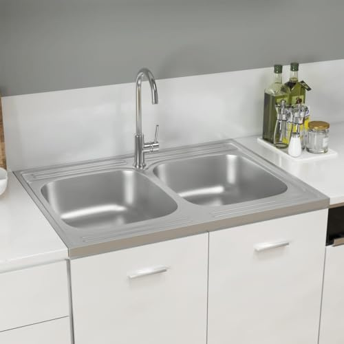 Fregadero Cocina 2 Senos con Escurridor Lateral Acero Inoxidable Resistente, Diseño Reversible Izquierda/Derecha y Superficie Lisa para Fácil Limpieza, Ideal para Montaje