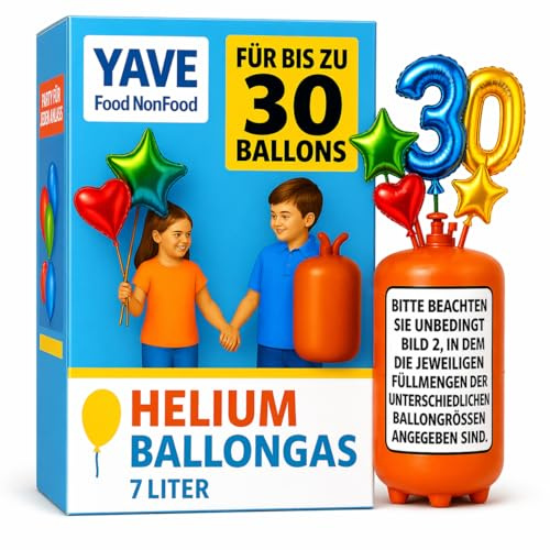 Helium Ballongas für bis zu 30 Ballons – Helium Gasflasche mit Füllventil für Luftballons Party Geburtstag Hochzeit YAVE