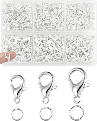 UCLEVER Kettenverschluss, 150 Stück Armband Verschluss mit 300 Biegeringe, 3 Größen, Ketten Verschlüsse, Schmuckverschluss, Karabinerverschluss, Verschlüsse für Schmuckherstellung (Silber)