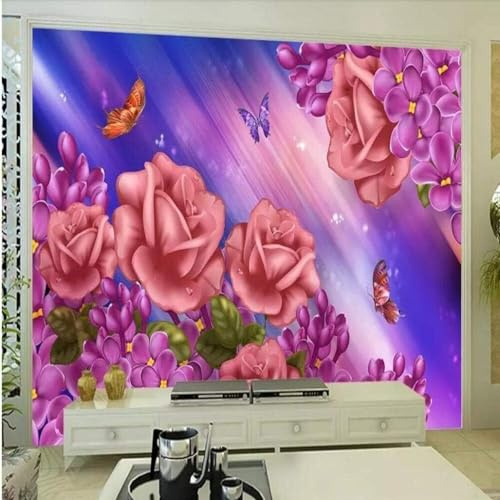 XLMING Warm Schön Schmetterlinge Rosa Rosen Lavendel 3D Tapete Premium Strukturierte Seide Speisesaal Arbeitszimmer Wohnzimmer Schlafzimmer Sofa TV Wand-150cm×105cm