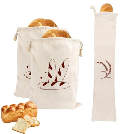 XJLyaya 3 Pezzi Sacchetti Riutilizzabili per Il Pane, Sacchetto Pane Salvafreschezza, Sacchetti di Stoffa con Cordoncino, Adatto per Contenere Frutta, Noci, Verdura e Baguette