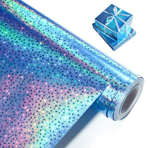 Blå omslagspappersrulle, metallisk holografisk stjärna presentförpackning – 43 cm x 10 m