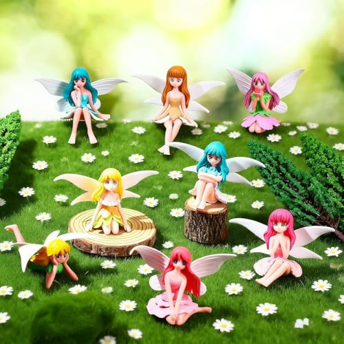 KxrTpx Fairy Garden Fairies, Fairy Garden Accessories and Fairy Figures, Whimsical Fairy Garden Ornaments and Fairy Cake Decorations, Set of Eight Fairy Toys for Garden Fairy Displays
